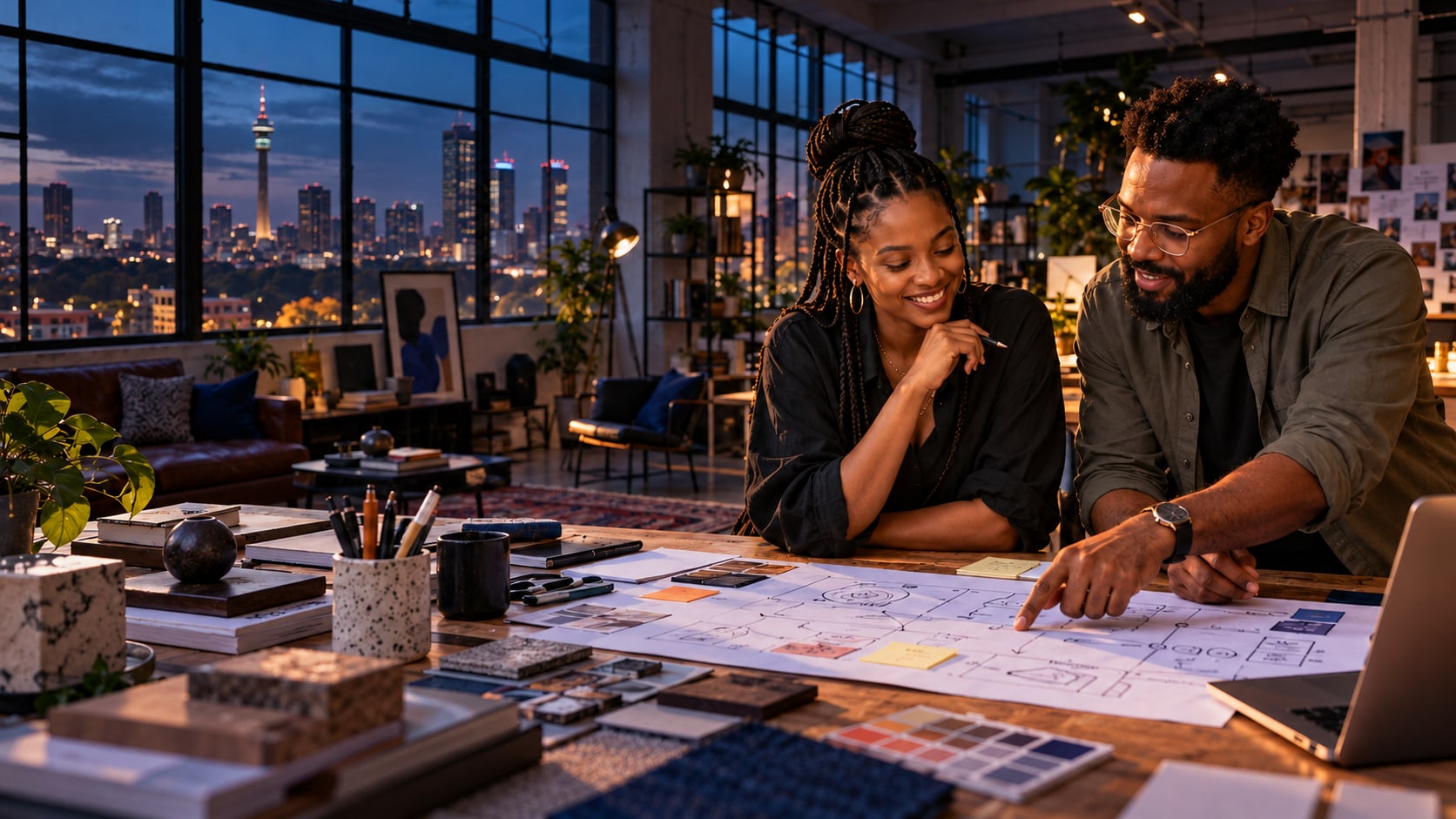 Two Johannesburg creative collaborators plan a customer journey together in a studio.