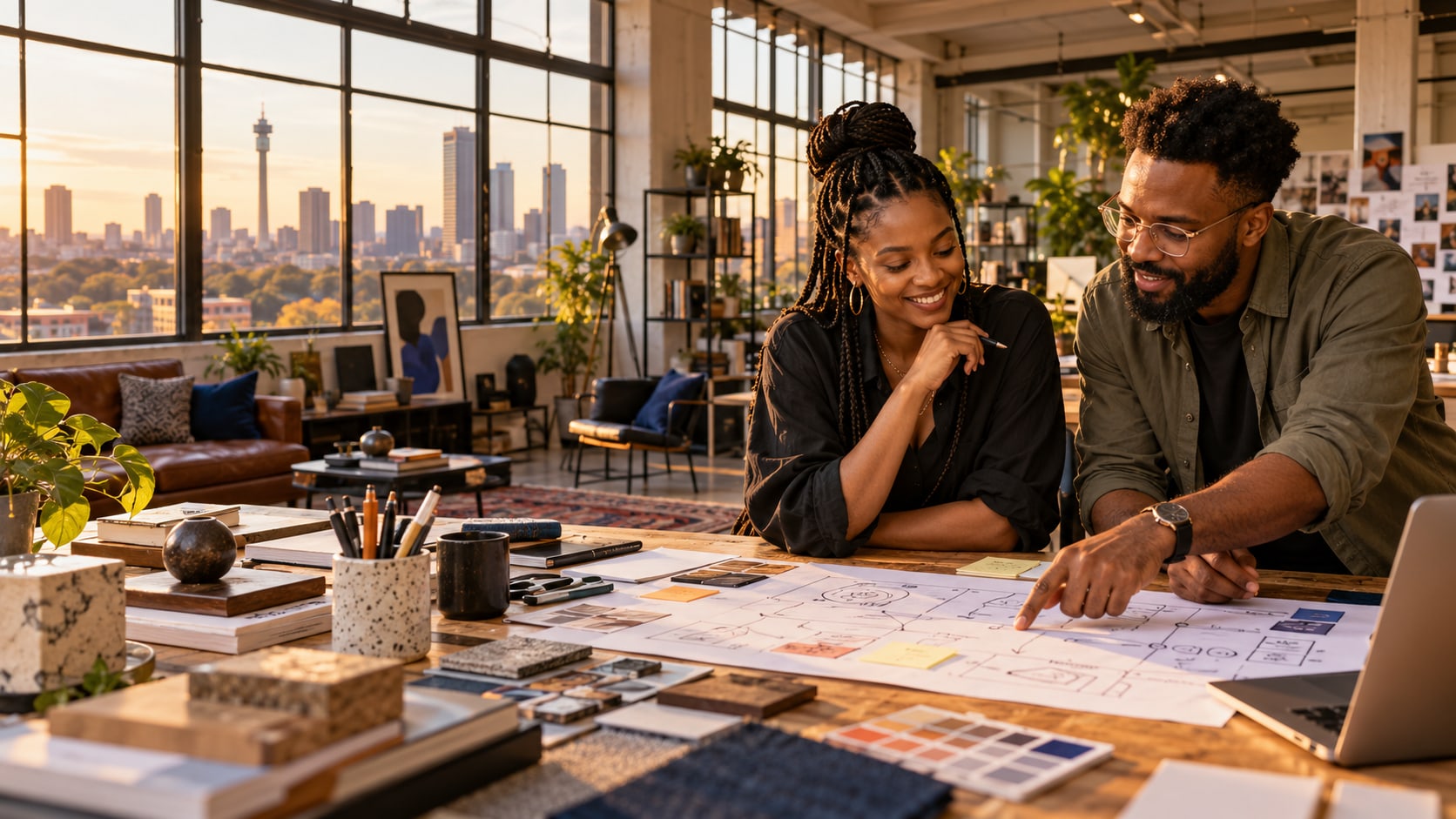 Two Johannesburg creative collaborators plan a customer journey together in a studio.