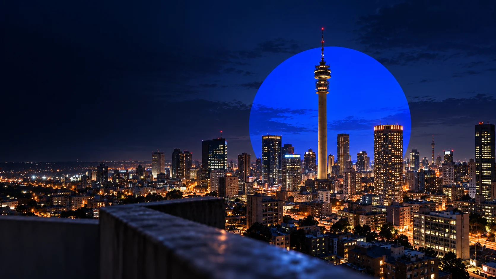 Johannesburg at night, with Hillbrow Tower and the Ponte City skyline in front of a cobalt orb.