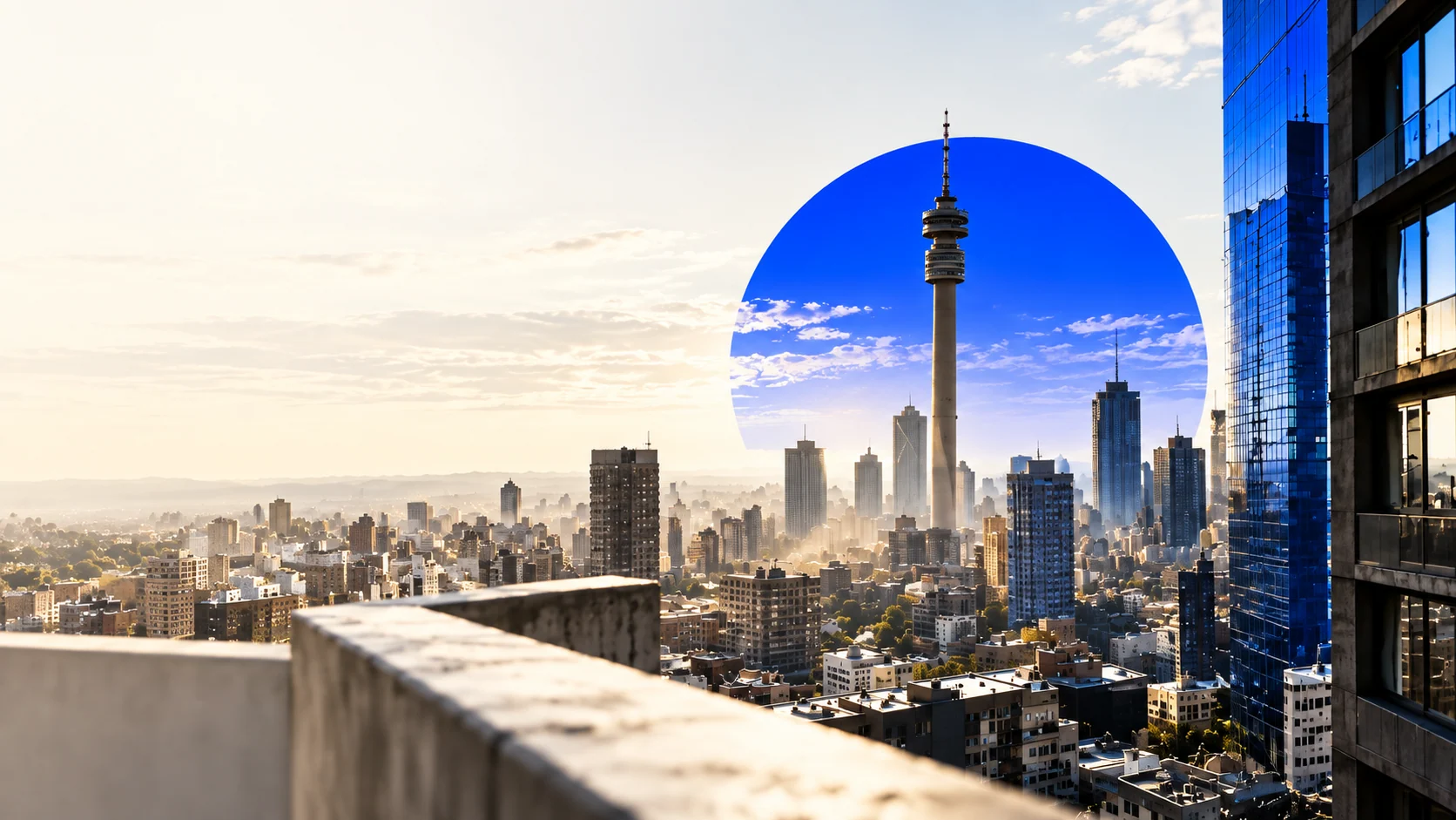 Johannesburg skyline in bright daylight with a cobalt blue graphic sun.