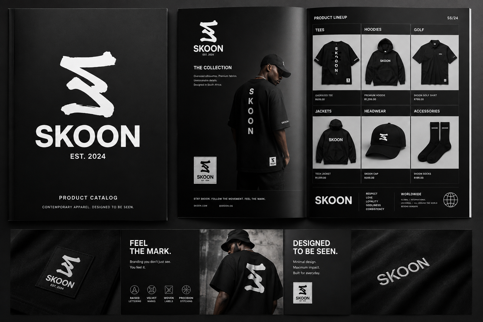 Omniversa concept presentation exploring SKOON. identity and apparel applications